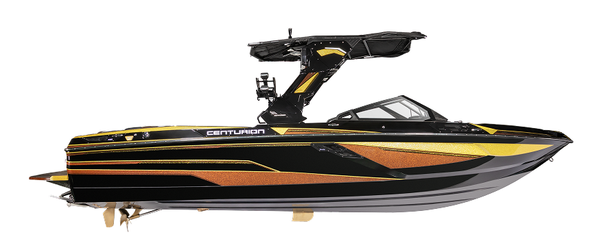 A black and gold Centurion Ri230 Wake Boat with a wakeboard tower, shown in profile on a white background.