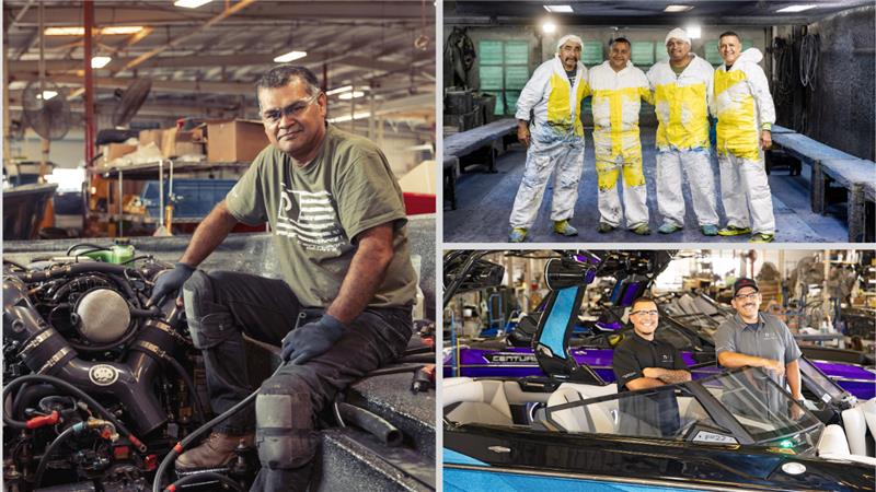 A collage shows workers in a boat manufacturing facility: one repairs an engine, four wear protective suits, and two pose in a finished boat inside the workshop.