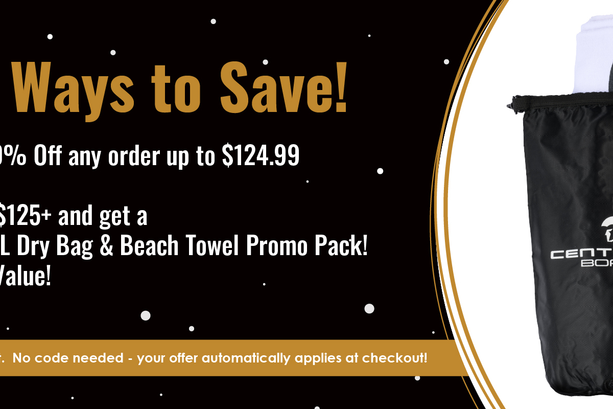 Promotional ad for Centurion Boats showing two discounts: 10% off orders up to $124.99, and a free dry bag and towel pack with orders over $125.