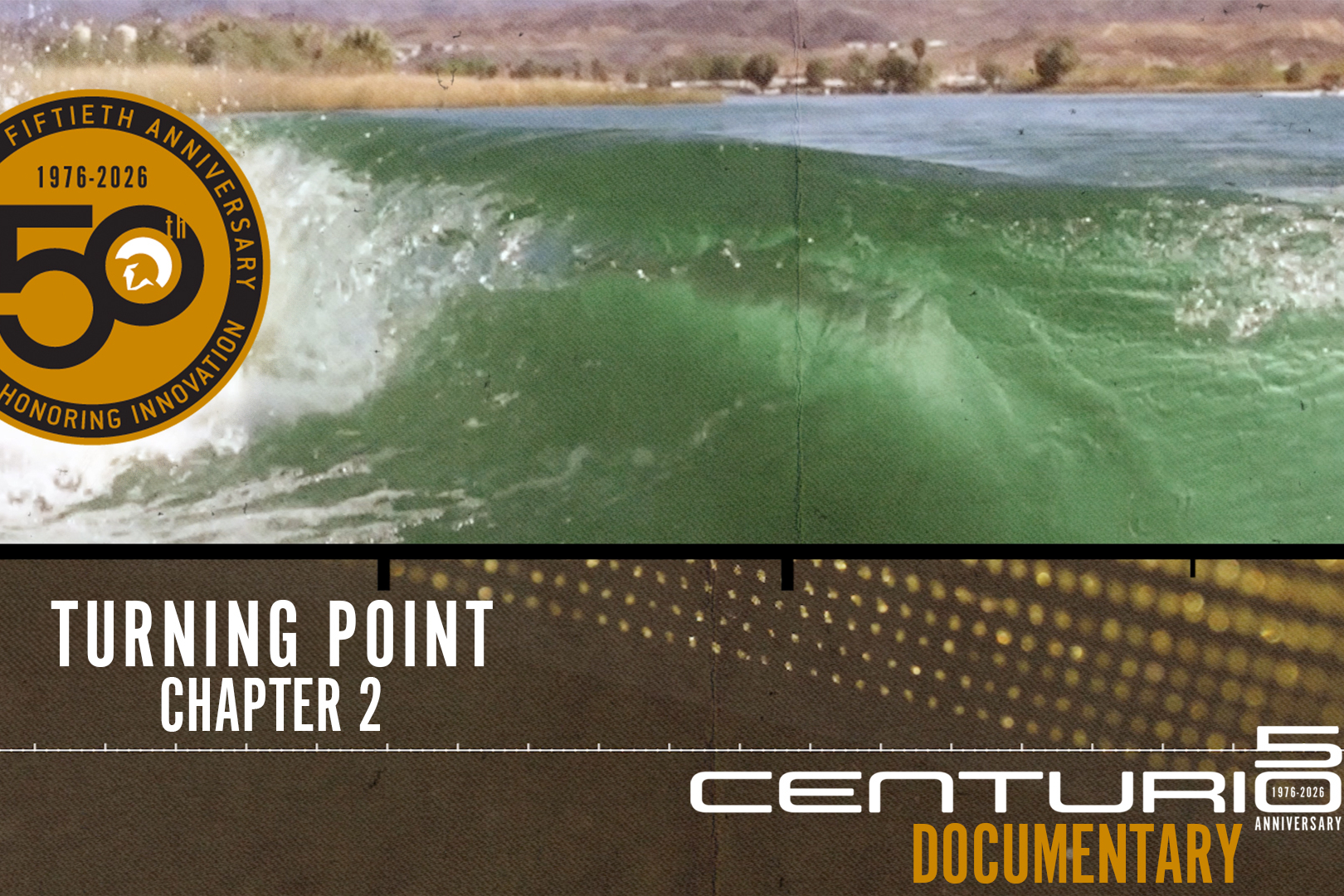 A green wave curls in front of a shoreline, featuring a gold 50th anniversary badge and text reading 