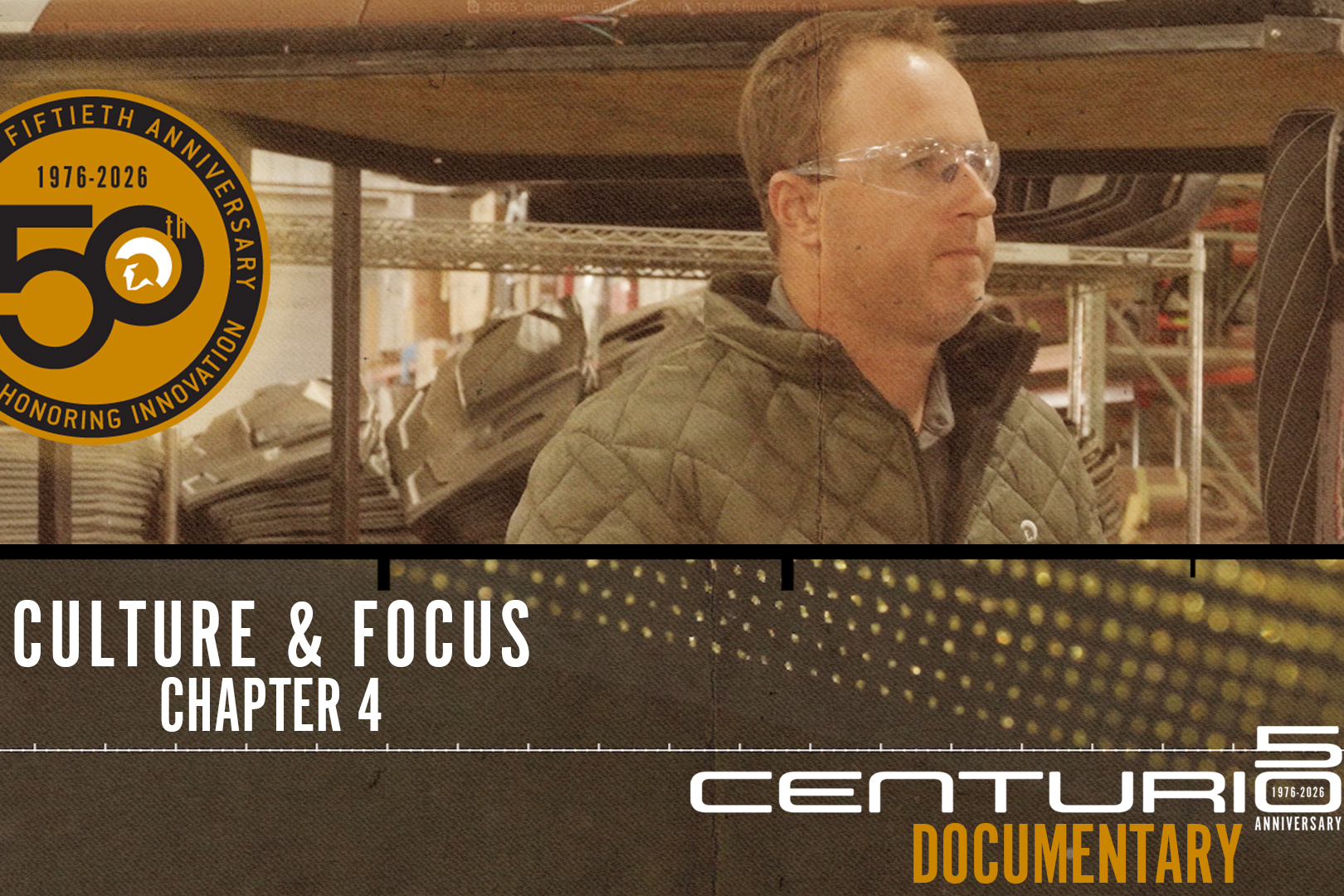 A man in safety goggles stands in a workshop. The image promotes the 