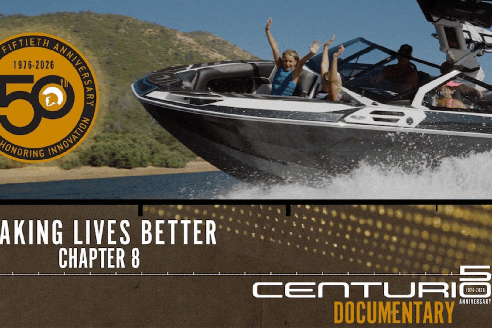 A Centurion boat speeds on a lake with people cheering; overlay text reads