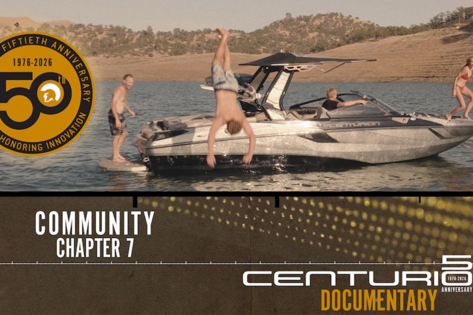 Four people are on a boat in a lake; one person is diving in. The image features a Centurion 50th anniversary logo and text:
