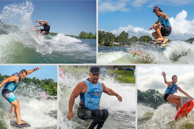 Five athletes surf on a river, performing various tricks and maneuvers, with trees and cloudy skies in the background.