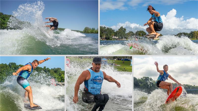 Five athletes surf on a river, performing various tricks and maneuvers, with trees and cloudy skies in the background.