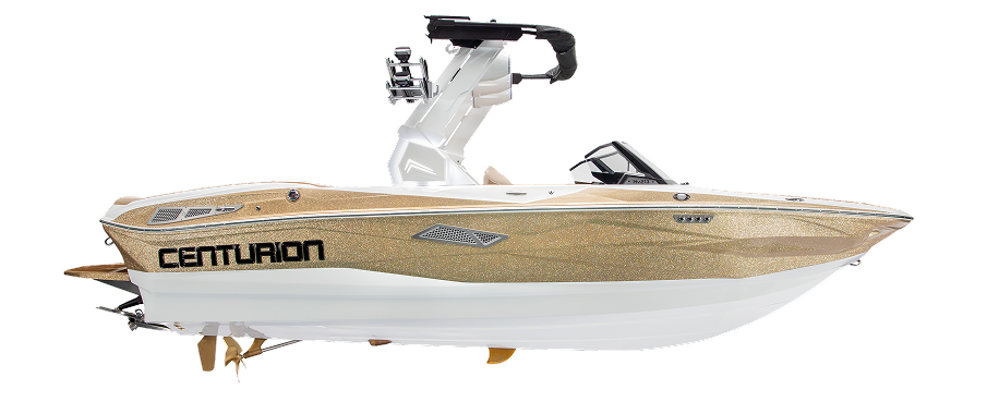 A gold and white Centurion motorboat with a wakeboard tower, shown from the side on a plain white background, highlights the sleek design of the latest Centurion Boat models.