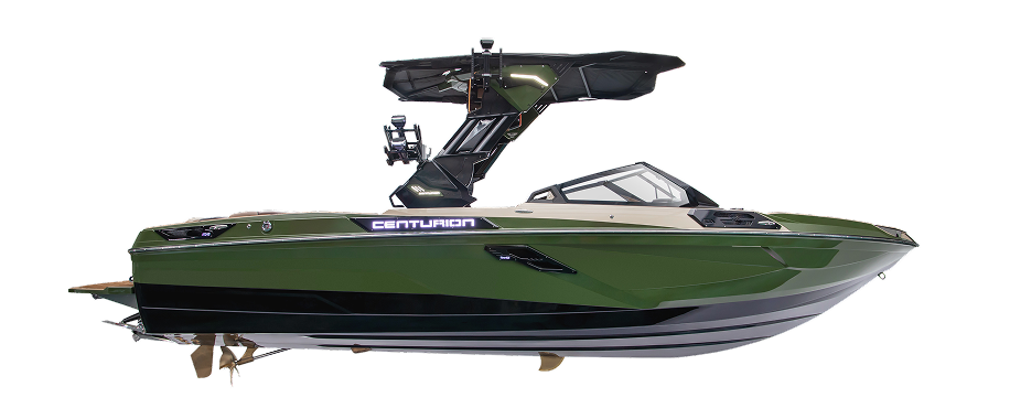 A green 2026 Centurion powerboat with a black wakeboard tower and tinted windshield, shown from the side on a white background.