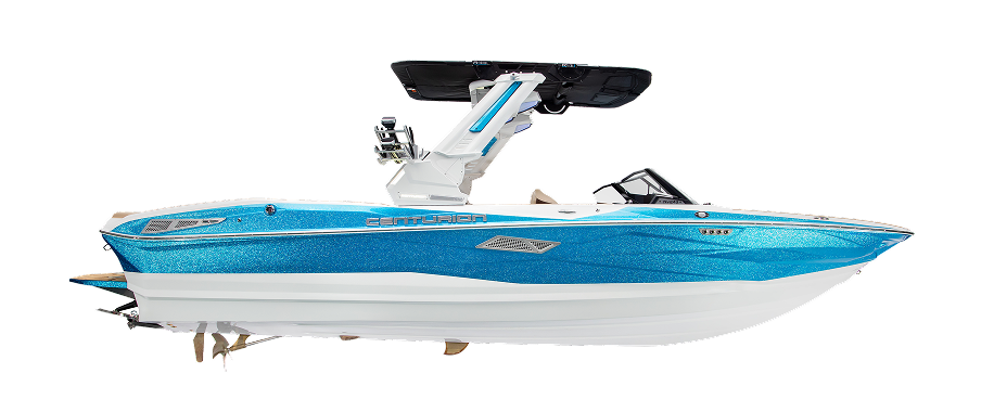 A blue and white Centurion Surf Boat with a wakeboard tower and modern design, displayed on a plain white background.
