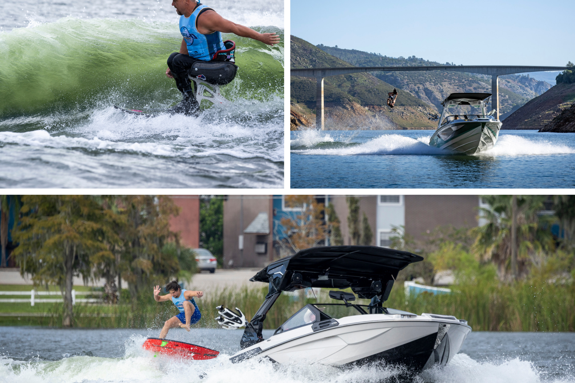 Three scenes of watersports: a person wakesurfing close-up, a boat towing a wakeboarder under a bridge, and a child jumping off a wakesurf board next to a boat.