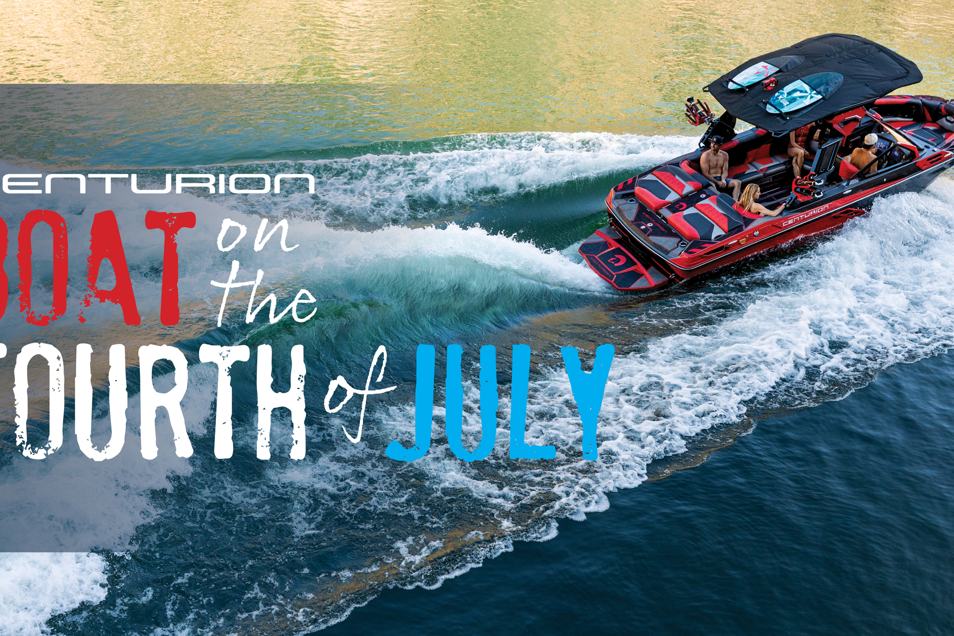 A red Centurion speedboat with several people onboard makes a wake on a lake. Text overlay reads, 
