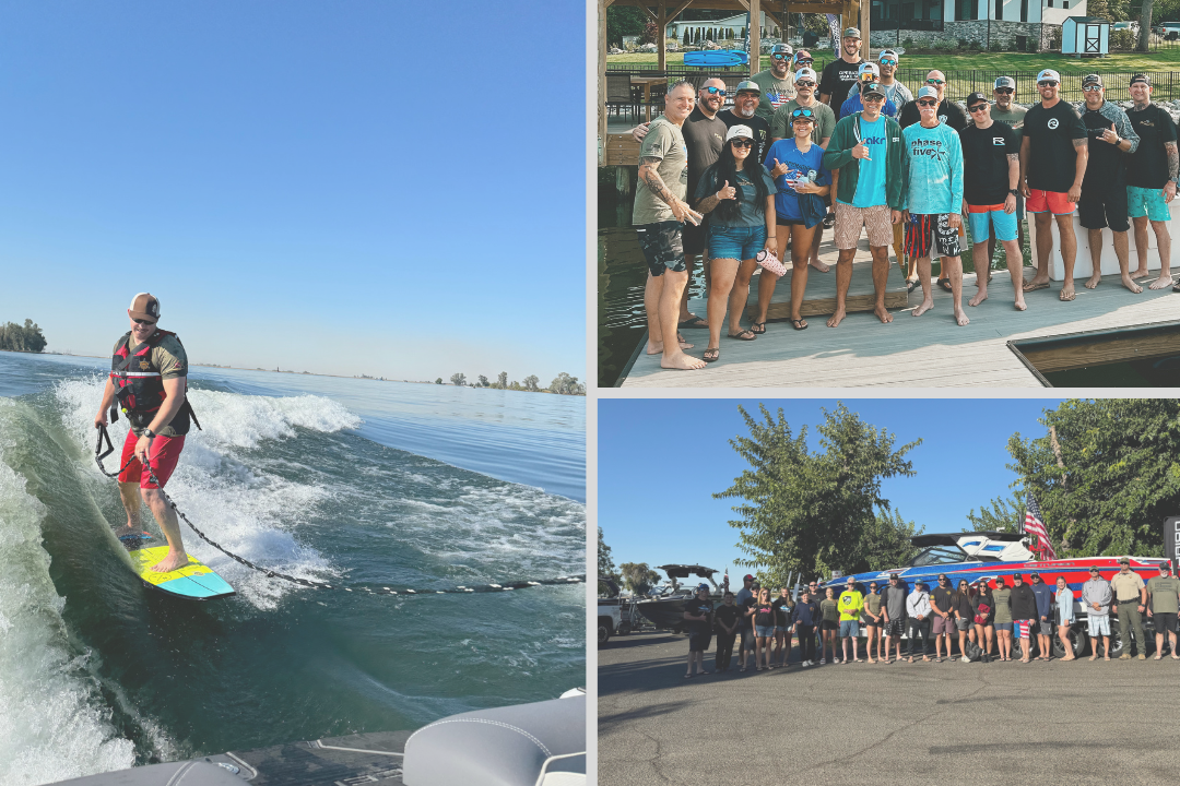 A man wake surfing on a lake, a group posing on a dock, and another group standing near boats and trees in a parking lot.