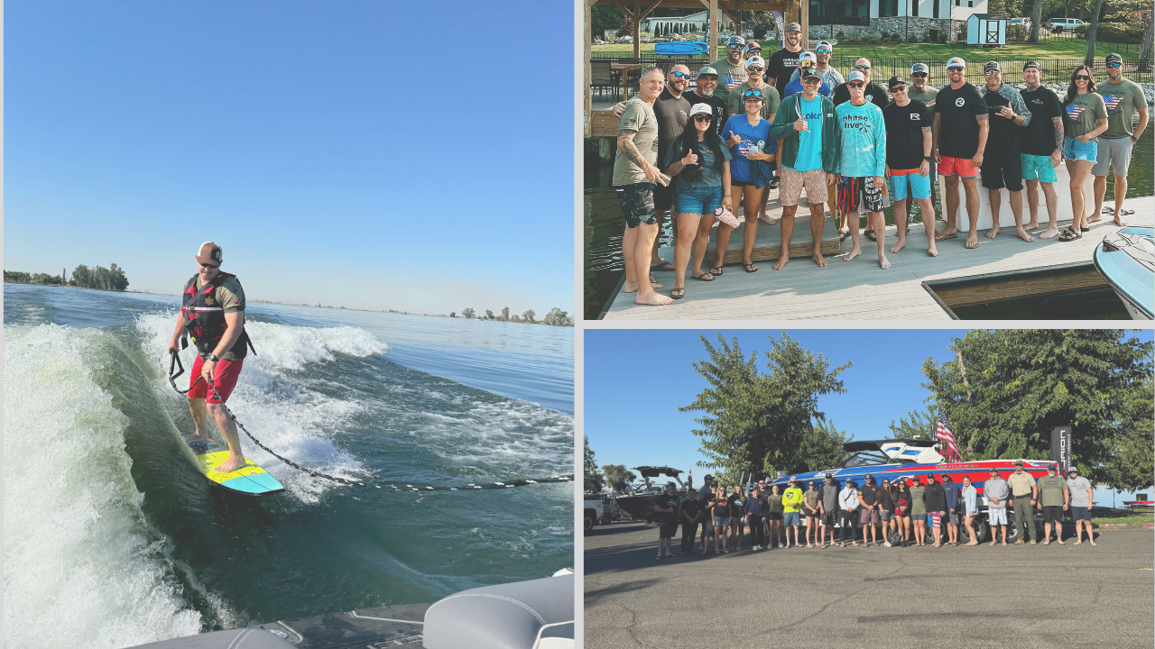 A man wake surfing on a lake, a group posing on a dock, and another group standing near boats and trees in a parking lot.