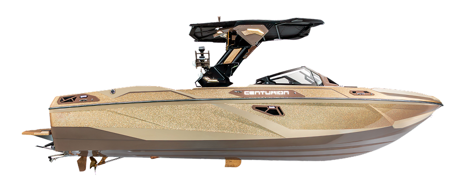 A metallic gold Centurion speedboat with black accents and a wakeboard tower, viewed from the side against a white background.