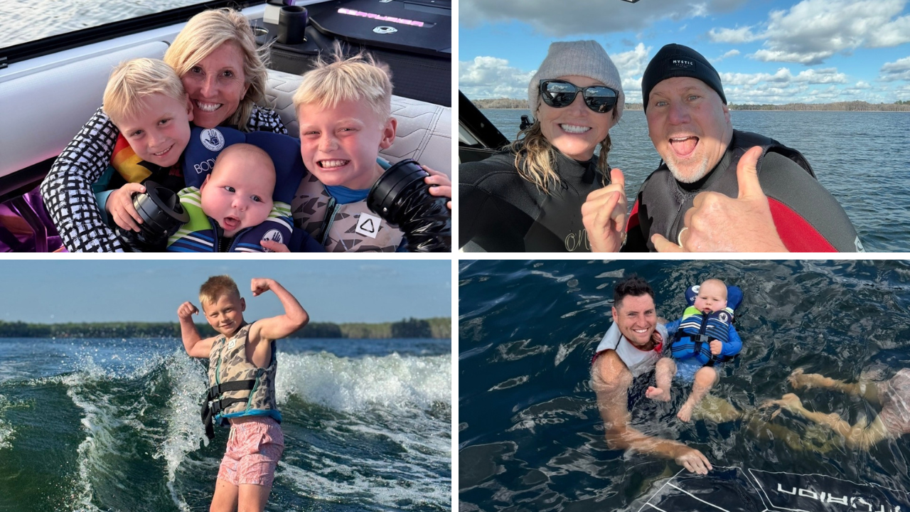 A collage of people enjoying water activities: a group on a boat, two people smiling in wetsuits, a boy flexing on a wakeboard, and a man swimming with a baby wearing a life jacket.